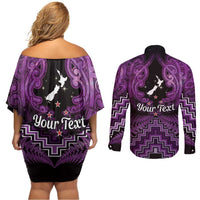 Personalised Aotearoa Matariki Couples Matching Off Shoulder Short Dress and Long Sleeve Button Shirt Purple Fern Maori Poutama LT01 - Polynesian Pride