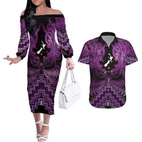Personalised Aotearoa Matariki Couples Matching Off The Shoulder Long Sleeve Dress and Hawaiian Shirt Purple Fern Maori Poutama LT01 Purple - Polynesian Pride