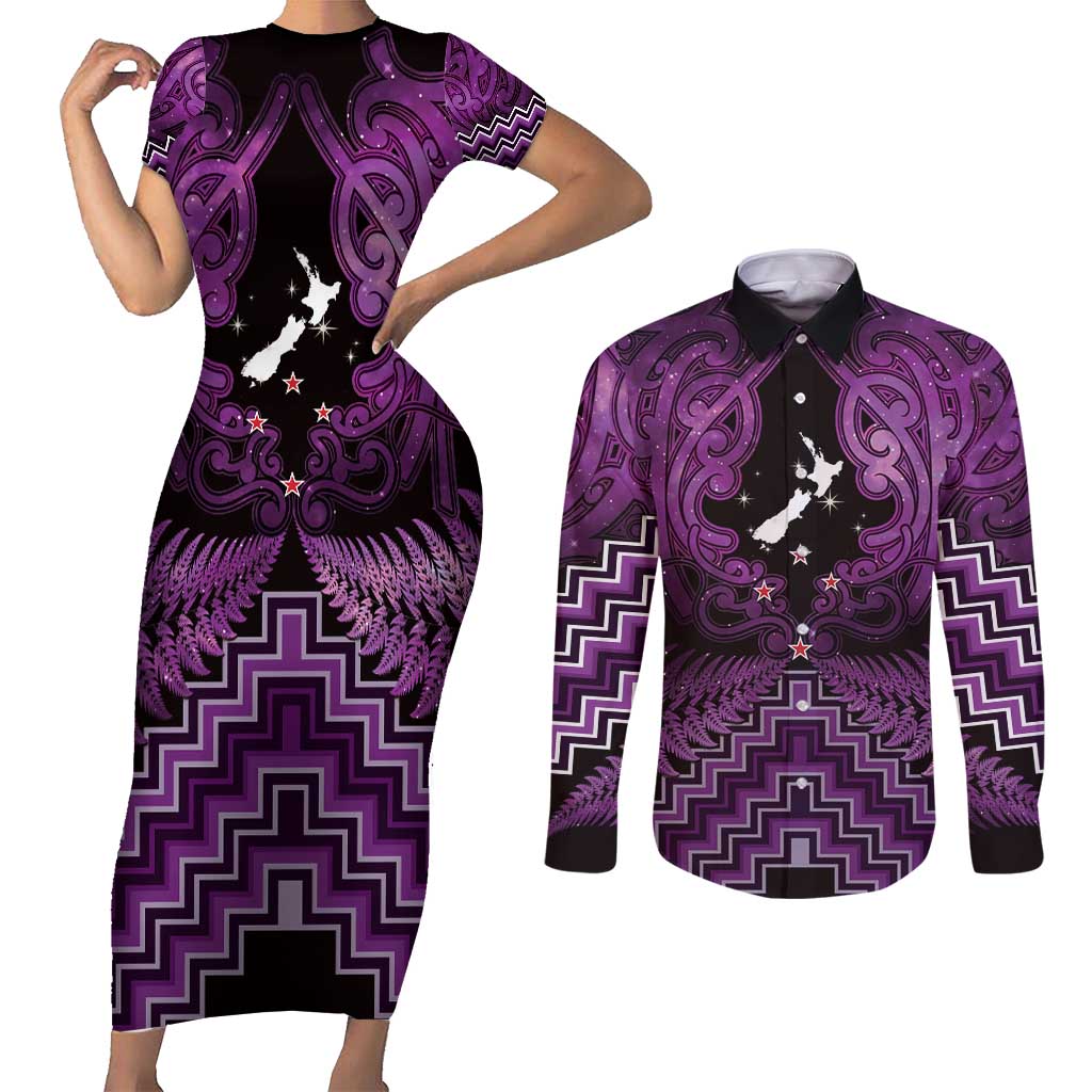Personalised Aotearoa Matariki Couples Matching Short Sleeve Bodycon Dress and Long Sleeve Button Shirt Purple Fern Maori Poutama LT01 Purple - Polynesian Pride