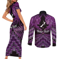 Personalised Aotearoa Matariki Couples Matching Short Sleeve Bodycon Dress and Long Sleeve Button Shirt Purple Fern Maori Poutama LT01 - Polynesian Pride