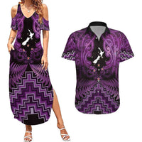 Personalised Aotearoa Matariki Couples Matching Summer Maxi Dress and Hawaiian Shirt Purple Fern Maori Poutama LT01 Purple - Polynesian Pride