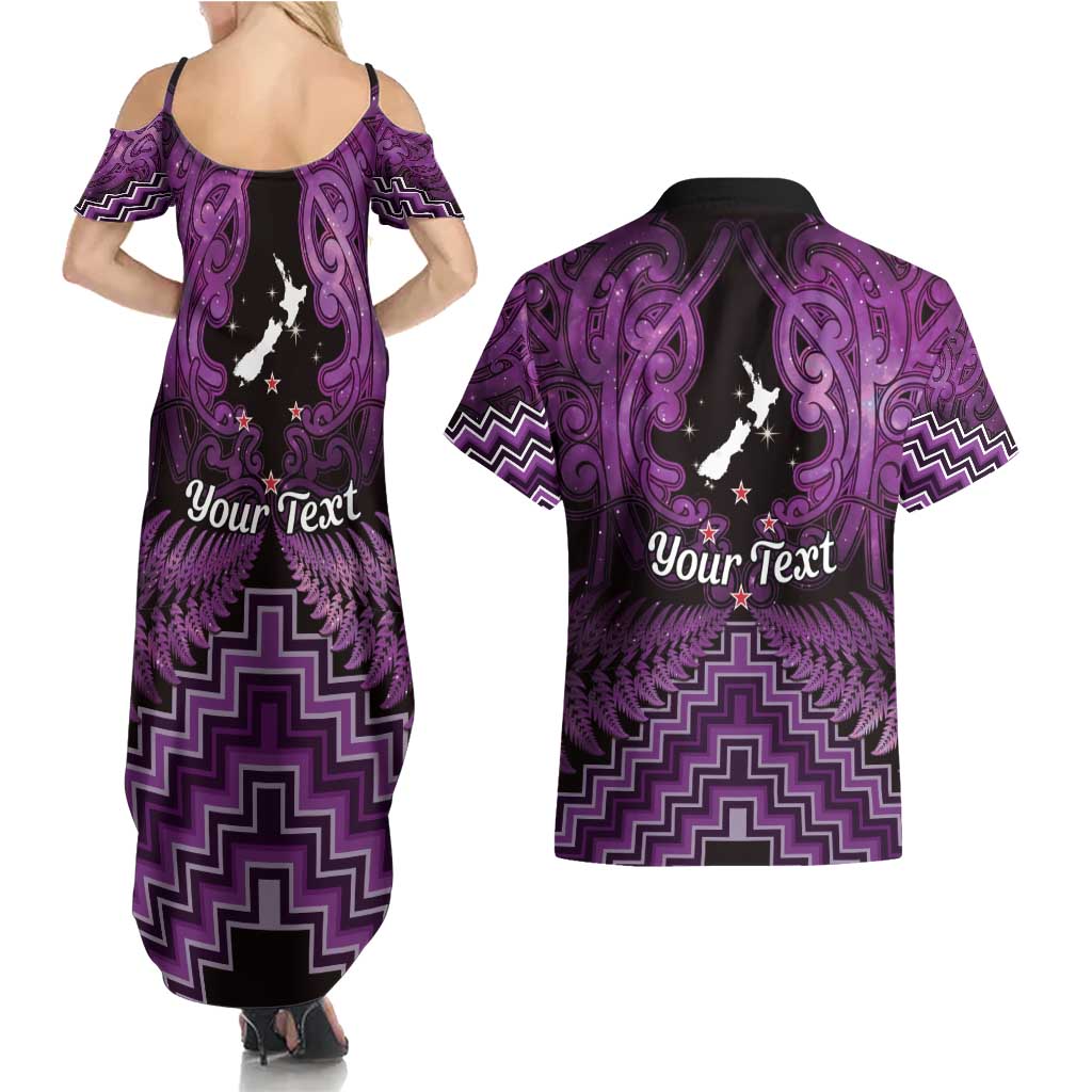 Personalised Aotearoa Matariki Couples Matching Summer Maxi Dress and Hawaiian Shirt Purple Fern Maori Poutama LT01 - Polynesian Pride