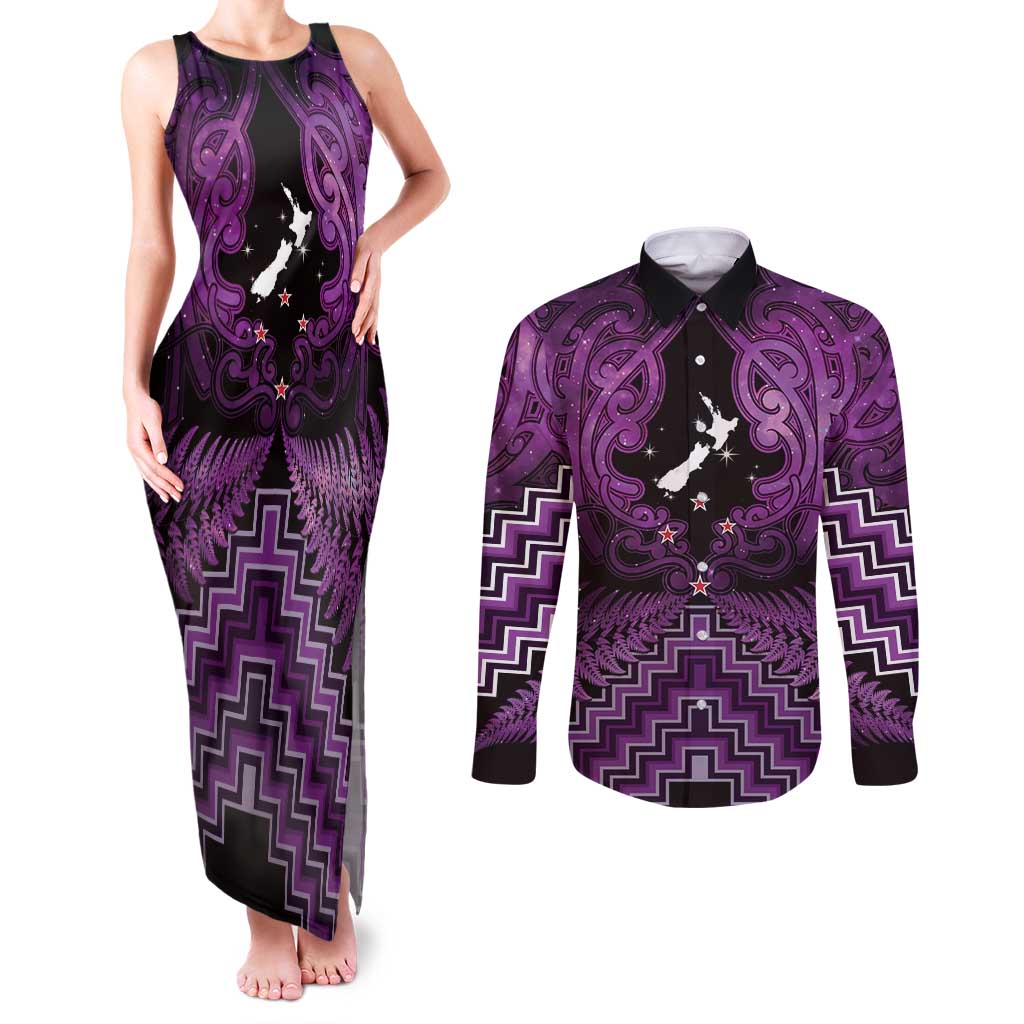 Personalised Aotearoa Matariki Couples Matching Tank Maxi Dress and Long Sleeve Button Shirt Purple Fern Maori Poutama LT01 Purple - Polynesian Pride