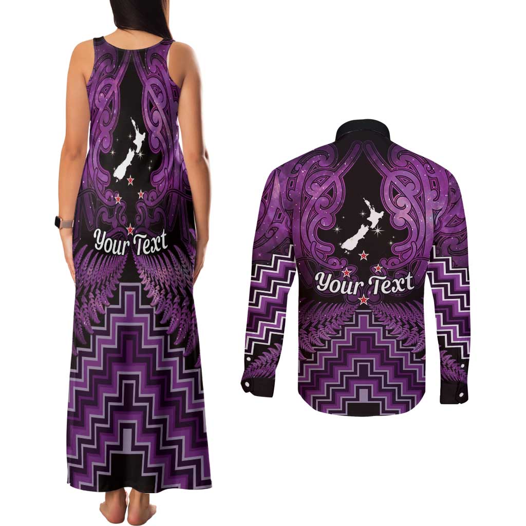 Personalised Aotearoa Matariki Couples Matching Tank Maxi Dress and Long Sleeve Button Shirt Purple Fern Maori Poutama LT01 - Polynesian Pride