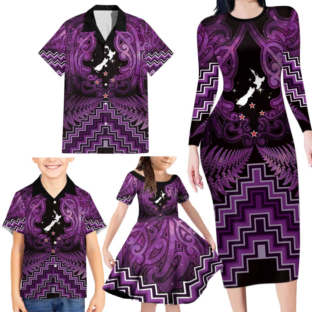 Personalised Aotearoa Matariki Family Matching Long Sleeve Bodycon Dress and Hawaiian Shirt Purple Fern Maori Poutama LT01 - Polynesian Pride