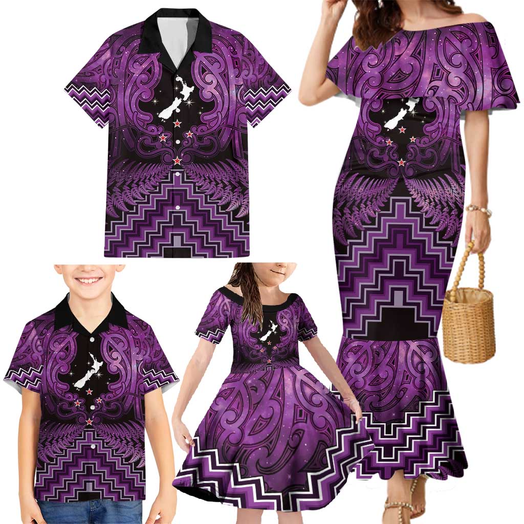 Personalised Aotearoa Matariki Family Matching Mermaid Dress and Hawaiian Shirt Purple Fern Maori Poutama LT01 - Polynesian Pride