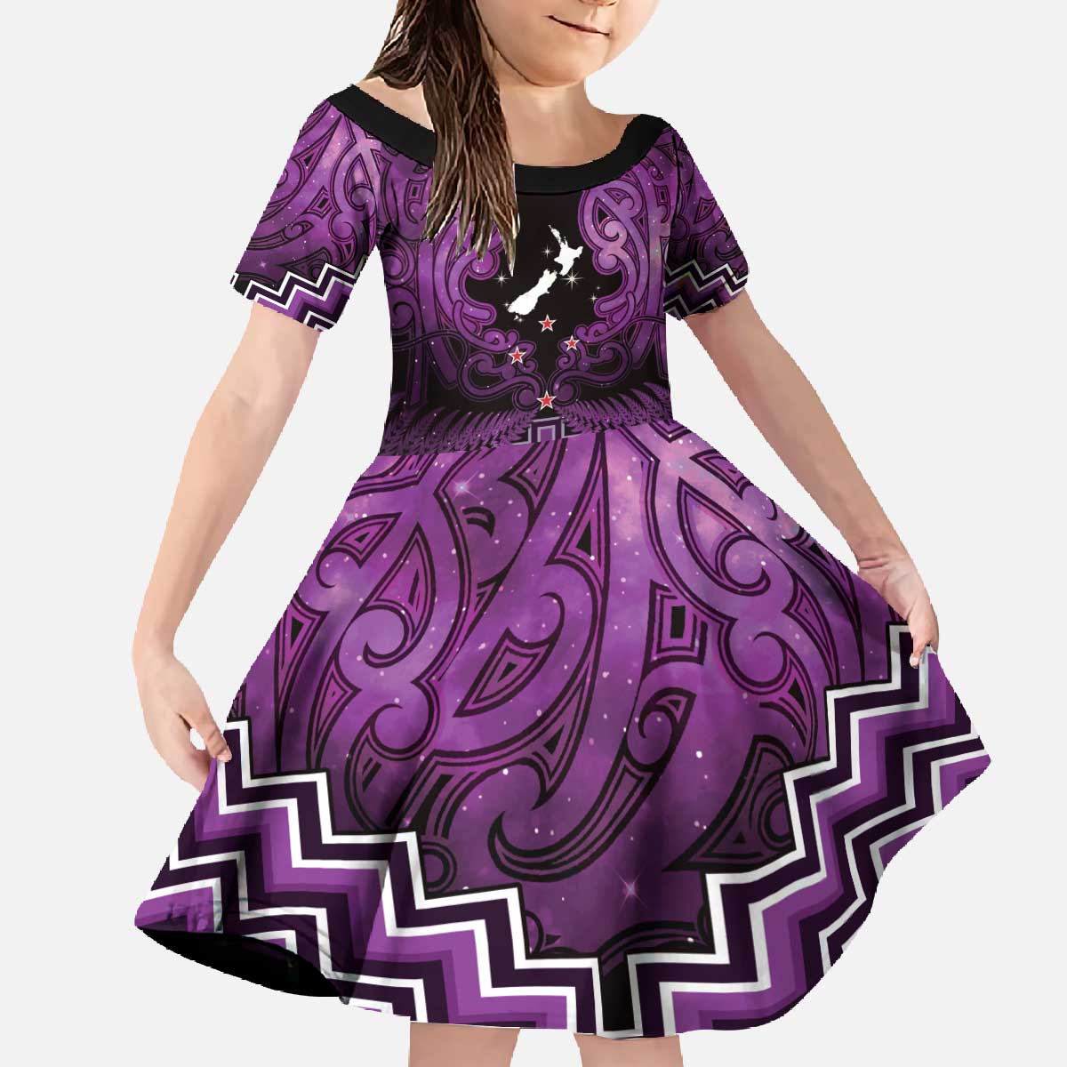 Personalised Aotearoa Matariki Family Matching Off The Shoulder Long Sleeve Dress and Hawaiian Shirt Purple Fern Maori Poutama LT01 Daughter's Dress Purple - Polynesian Pride