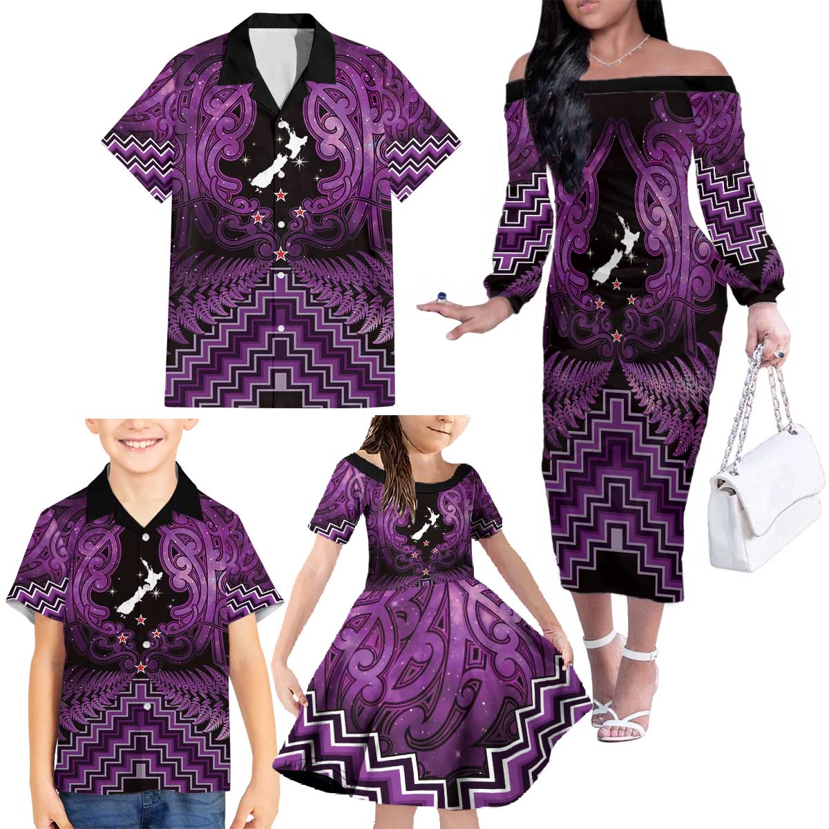 Personalised Aotearoa Matariki Family Matching Off The Shoulder Long Sleeve Dress and Hawaiian Shirt Purple Fern Maori Poutama LT01 - Polynesian Pride