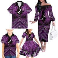 Personalised Aotearoa Matariki Family Matching Off The Shoulder Long Sleeve Dress and Hawaiian Shirt Purple Fern Maori Poutama LT01 - Polynesian Pride