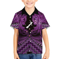 Personalised Aotearoa Matariki Family Matching Off The Shoulder Long Sleeve Dress and Hawaiian Shirt Purple Fern Maori Poutama LT01 Son's Shirt Purple - Polynesian Pride