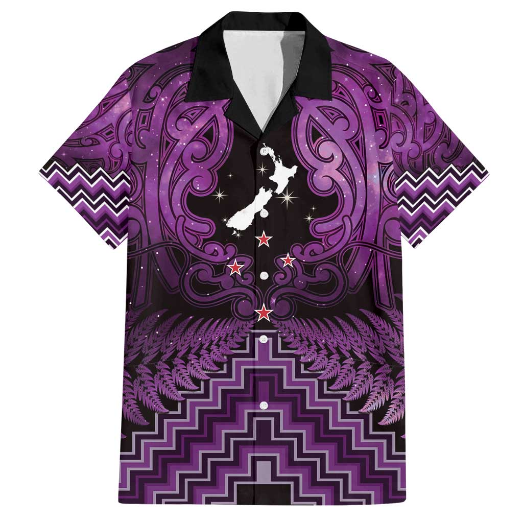 Personalised Aotearoa Matariki Family Matching Off Shoulder Maxi Dress and Hawaiian Shirt Purple Fern Maori Poutama LT01 Dad's Shirt - Short Sleeve Purple - Polynesian Pride