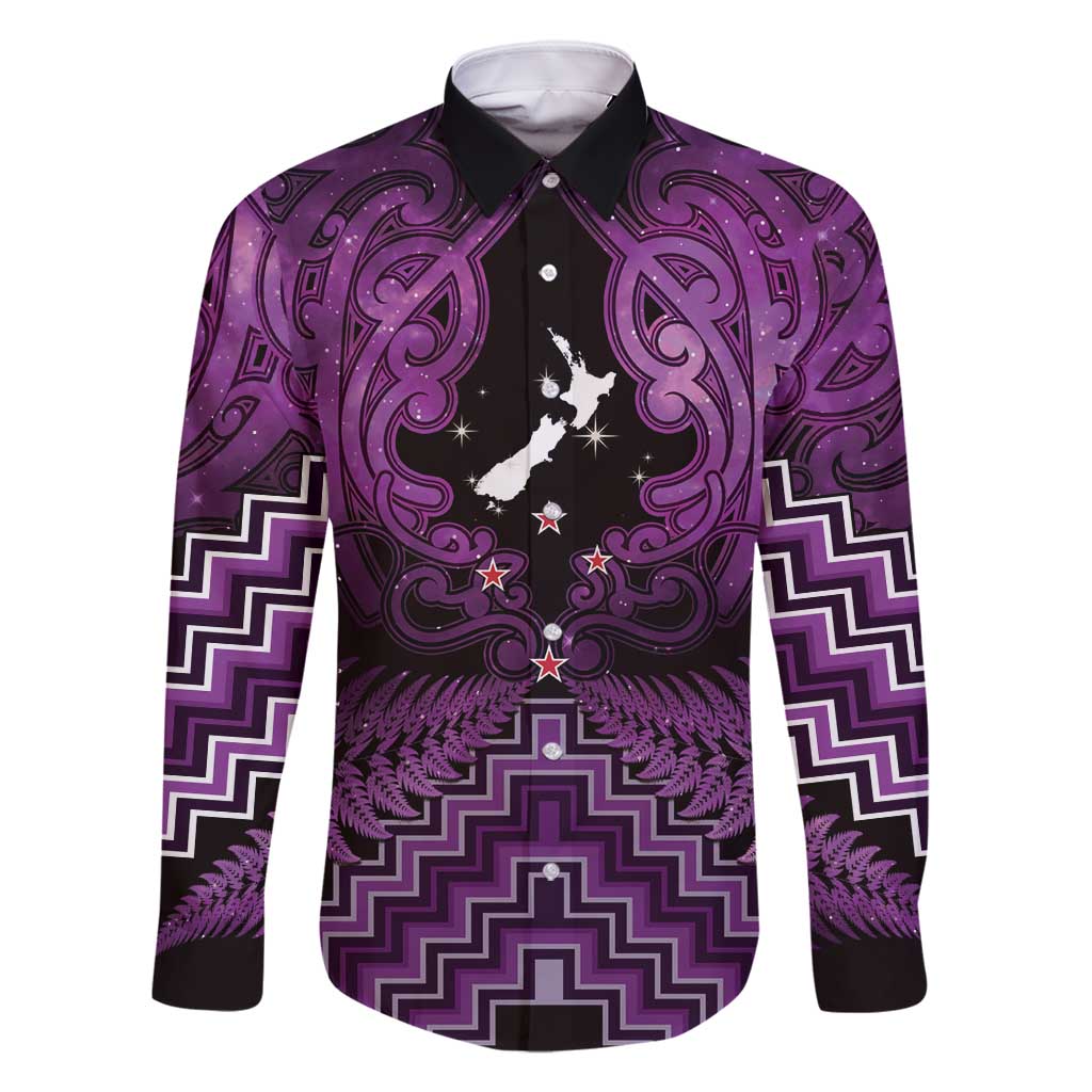 Personalised Aotearoa Matariki Family Matching Off Shoulder Maxi Dress and Hawaiian Shirt Purple Fern Maori Poutama LT01 Dad's Shirt - Long Sleeve Purple - Polynesian Pride