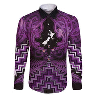 Personalised Aotearoa Matariki Family Matching Off Shoulder Maxi Dress and Hawaiian Shirt Purple Fern Maori Poutama LT01 Dad's Shirt - Long Sleeve Purple - Polynesian Pride
