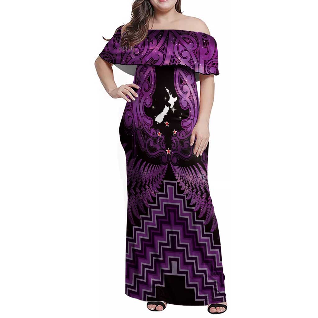 Personalised Aotearoa Matariki Family Matching Off Shoulder Maxi Dress and Hawaiian Shirt Purple Fern Maori Poutama LT01 Mom's Dress Purple - Polynesian Pride