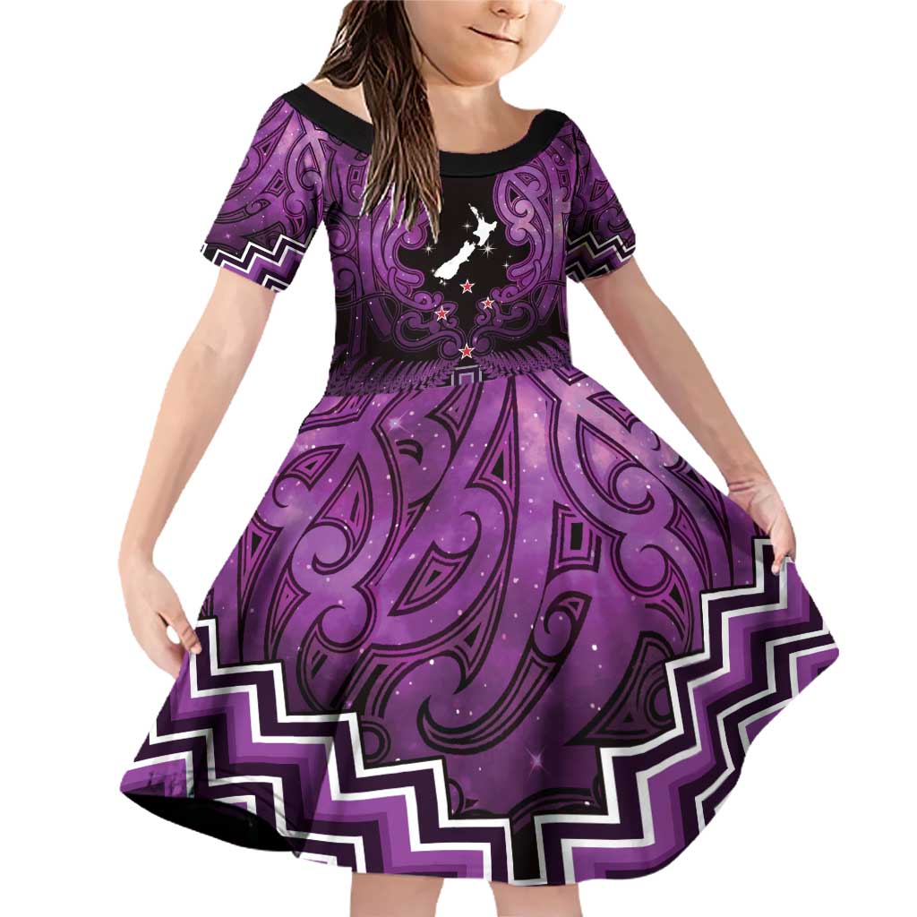 Personalised Aotearoa Matariki Family Matching Off Shoulder Short Dress and Hawaiian Shirt Purple Fern Maori Poutama LT01 Daughter's Dress Purple - Polynesian Pride
