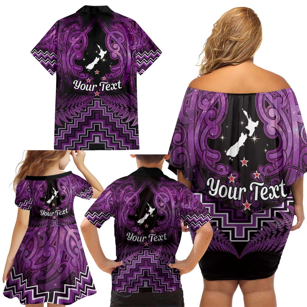 Personalised Aotearoa Matariki Family Matching Off Shoulder Short Dress and Hawaiian Shirt Purple Fern Maori Poutama LT01 - Polynesian Pride