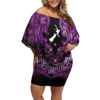 Personalised Aotearoa Matariki Family Matching Off Shoulder Short Dress and Hawaiian Shirt Purple Fern Maori Poutama LT01 Mom's Dress Purple - Polynesian Pride