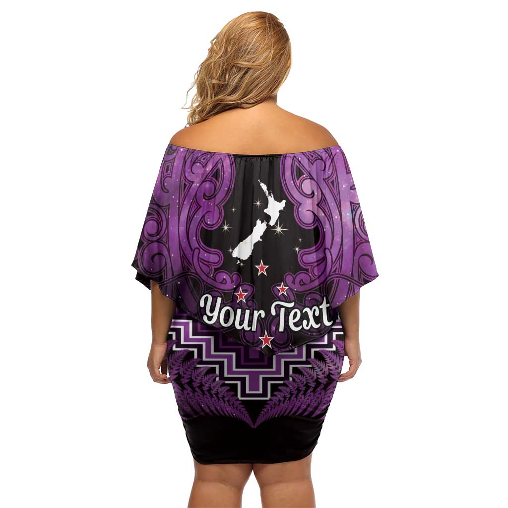 Personalised Aotearoa Matariki Family Matching Off Shoulder Short Dress and Hawaiian Shirt Purple Fern Maori Poutama LT01 - Polynesian Pride