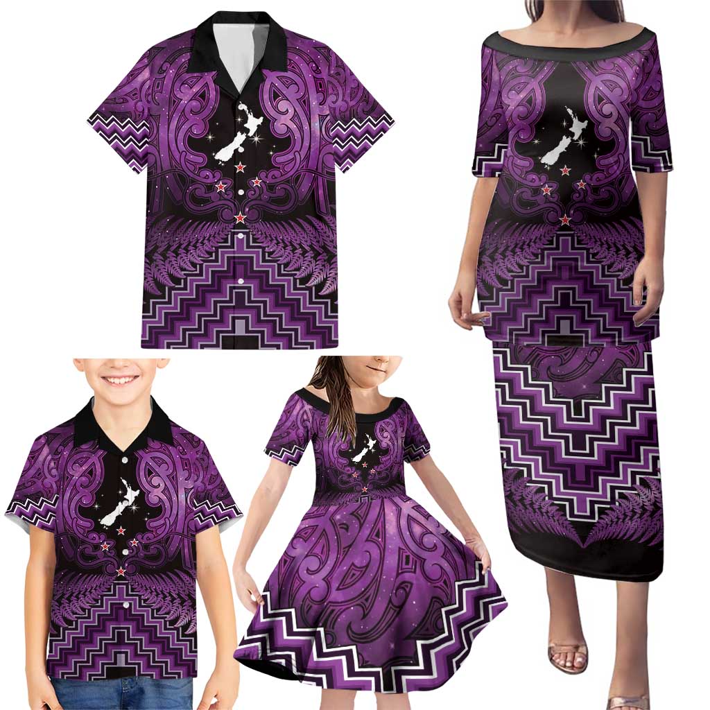 Personalised Aotearoa Matariki Family Matching Puletasi and Hawaiian Shirt Purple Fern Maori Poutama LT01 - Polynesian Pride