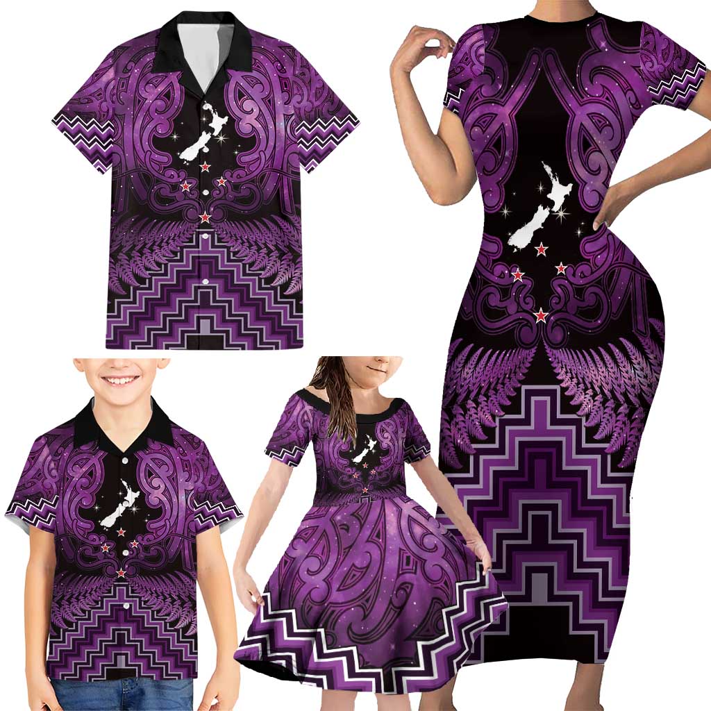 Personalised Aotearoa Matariki Family Matching Short Sleeve Bodycon Dress and Hawaiian Shirt Purple Fern Maori Poutama LT01 - Polynesian Pride