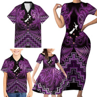 Personalised Aotearoa Matariki Family Matching Short Sleeve Bodycon Dress and Hawaiian Shirt Purple Fern Maori Poutama LT01 - Polynesian Pride