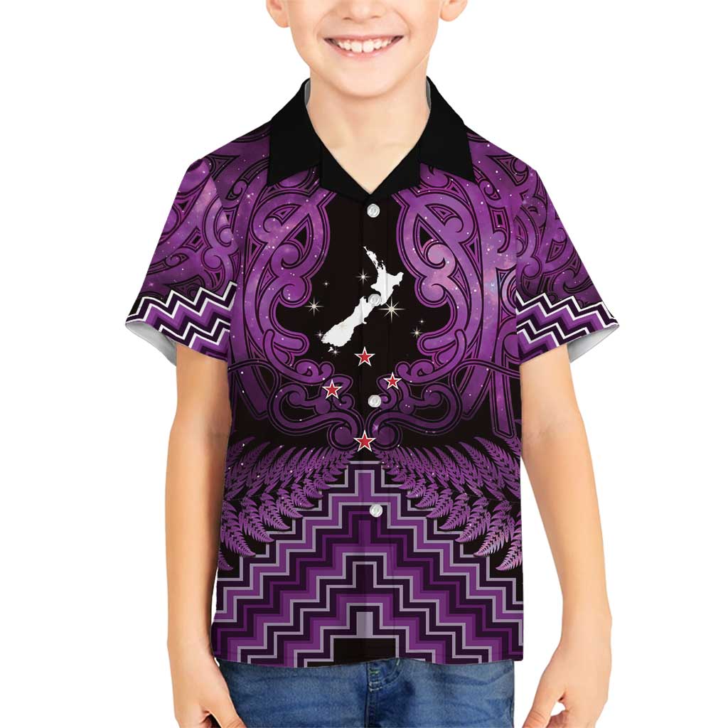 Personalised Aotearoa Matariki Family Matching Summer Maxi Dress and Hawaiian Shirt Purple Fern Maori Poutama LT01 Son's Shirt Purple - Polynesian Pride