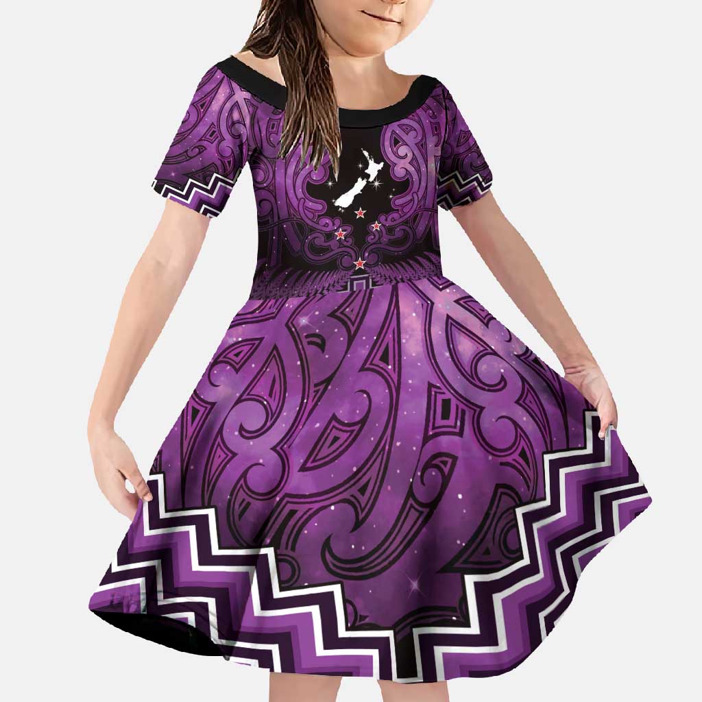 Personalised Aotearoa Matariki Family Matching Tank Maxi Dress and Hawaiian Shirt Purple Fern Maori Poutama LT01 Daughter's Dress Purple - Polynesian Pride
