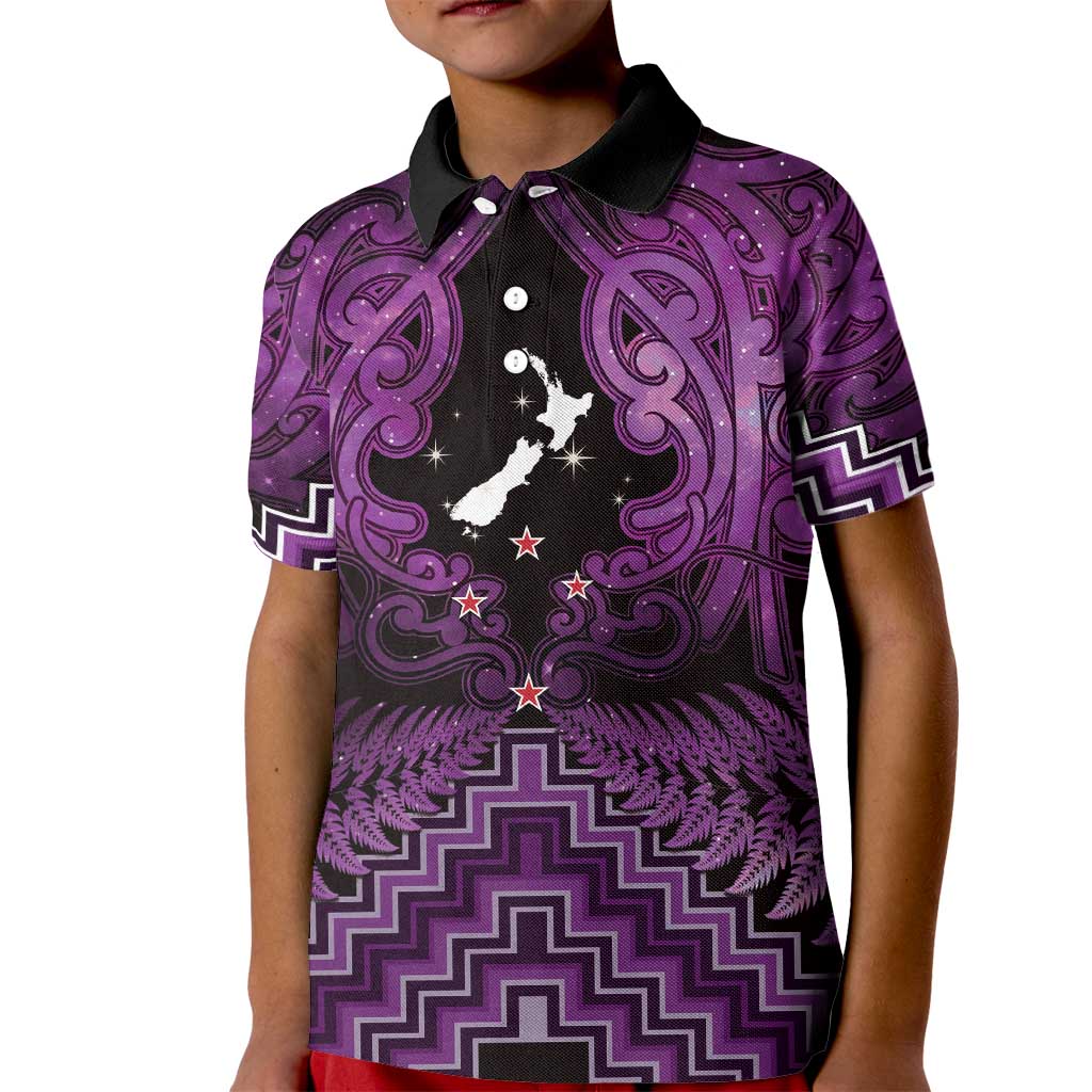 Personalised Aotearoa Matariki Kid Polo Shirt Purple Fern Maori Poutama
