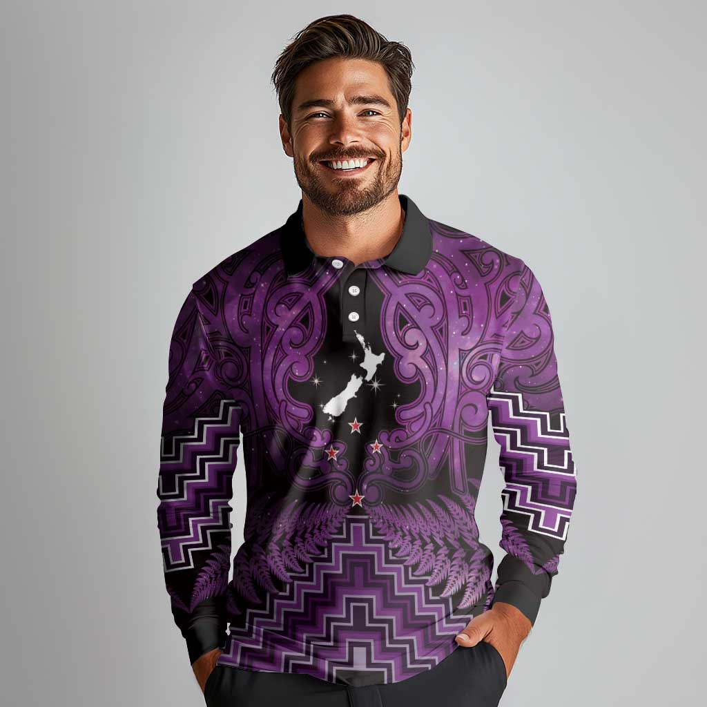 Personalised Aotearoa Matariki Long Sleeve Polo Shirt Purple Fern Maori Poutama