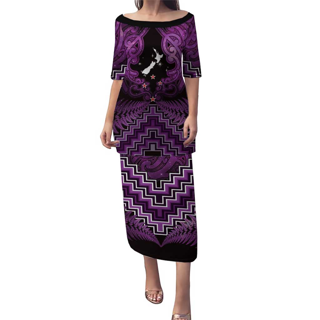Personalised Aotearoa Matariki Puletasi Purple Fern Maori Poutama