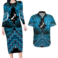 Personalised Aotearoa Matariki Couples Matching Long Sleeve Bodycon Dress and Hawaiian Shirt Turquoise Fern Maori Poutama LT01 Turquoise - Polynesian Pride