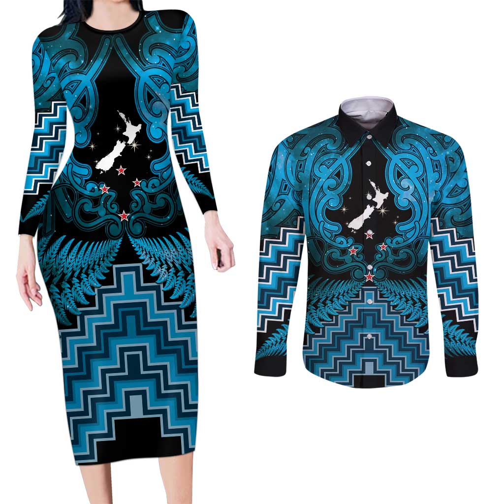 Personalised Aotearoa Matariki Couples Matching Long Sleeve Bodycon Dress and Long Sleeve Button Shirt Turquoise Fern Maori Poutama LT01 Turquoise - Polynesian Pride