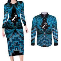 Personalised Aotearoa Matariki Couples Matching Long Sleeve Bodycon Dress and Long Sleeve Button Shirt Turquoise Fern Maori Poutama LT01 Turquoise - Polynesian Pride