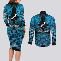 Personalised Aotearoa Matariki Couples Matching Long Sleeve Bodycon Dress and Long Sleeve Button Shirt Turquoise Fern Maori Poutama LT01 - Polynesian Pride