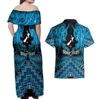 Personalised Aotearoa Matariki Couples Matching Off Shoulder Maxi Dress and Hawaiian Shirt Turquoise Fern Maori Poutama LT01 - Polynesian Pride