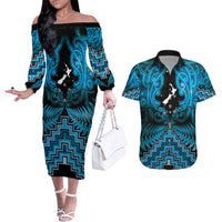 Personalised Aotearoa Matariki Couples Matching Off The Shoulder Long Sleeve Dress and Hawaiian Shirt Turquoise Fern Maori Poutama LT01 Turquoise - Polynesian Pride