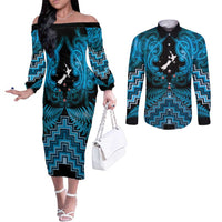 Personalised Aotearoa Matariki Couples Matching Off The Shoulder Long Sleeve Dress and Long Sleeve Button Shirt Turquoise Fern Maori Poutama LT01 Turquoise - Polynesian Pride