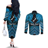 Personalised Aotearoa Matariki Couples Matching Off The Shoulder Long Sleeve Dress and Long Sleeve Button Shirt Turquoise Fern Maori Poutama LT01 - Polynesian Pride