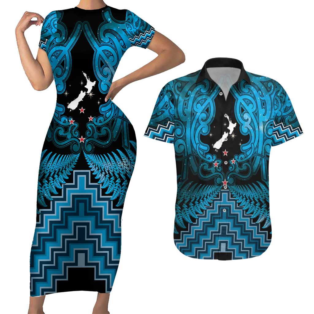 Personalised Aotearoa Matariki Couples Matching Short Sleeve Bodycon Dress and Hawaiian Shirt Turquoise Fern Maori Poutama LT01 Turquoise - Polynesian Pride