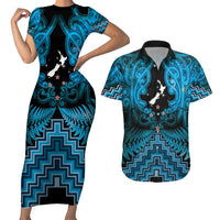 Personalised Aotearoa Matariki Couples Matching Short Sleeve Bodycon Dress and Hawaiian Shirt Turquoise Fern Maori Poutama LT01 Turquoise - Polynesian Pride