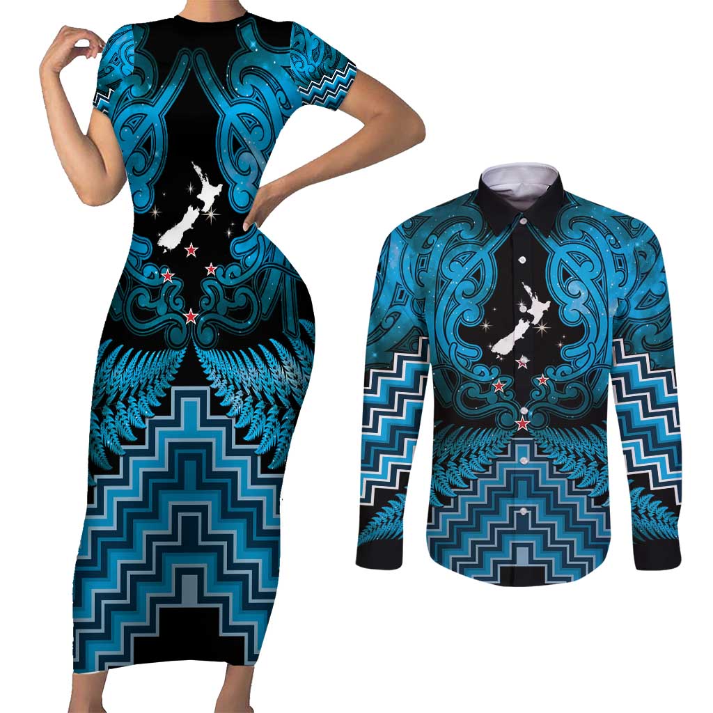 Personalised Aotearoa Matariki Couples Matching Short Sleeve Bodycon Dress and Long Sleeve Button Shirt Turquoise Fern Maori Poutama LT01 Turquoise - Polynesian Pride