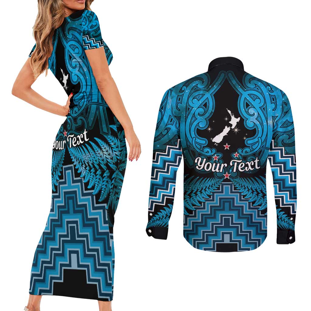 Personalised Aotearoa Matariki Couples Matching Short Sleeve Bodycon Dress and Long Sleeve Button Shirt Turquoise Fern Maori Poutama LT01 - Polynesian Pride