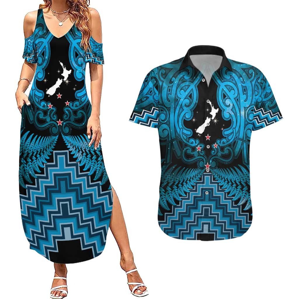 Personalised Aotearoa Matariki Couples Matching Summer Maxi Dress and Hawaiian Shirt Turquoise Fern Maori Poutama LT01 Turquoise - Polynesian Pride