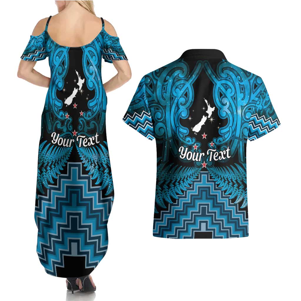 Personalised Aotearoa Matariki Couples Matching Summer Maxi Dress and Hawaiian Shirt Turquoise Fern Maori Poutama LT01 - Polynesian Pride