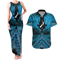 Personalised Aotearoa Matariki Couples Matching Tank Maxi Dress and Hawaiian Shirt Turquoise Fern Maori Poutama LT01 Turquoise - Polynesian Pride