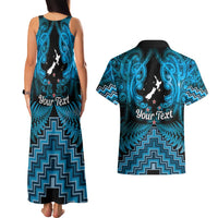 Personalised Aotearoa Matariki Couples Matching Tank Maxi Dress and Hawaiian Shirt Turquoise Fern Maori Poutama LT01 - Polynesian Pride