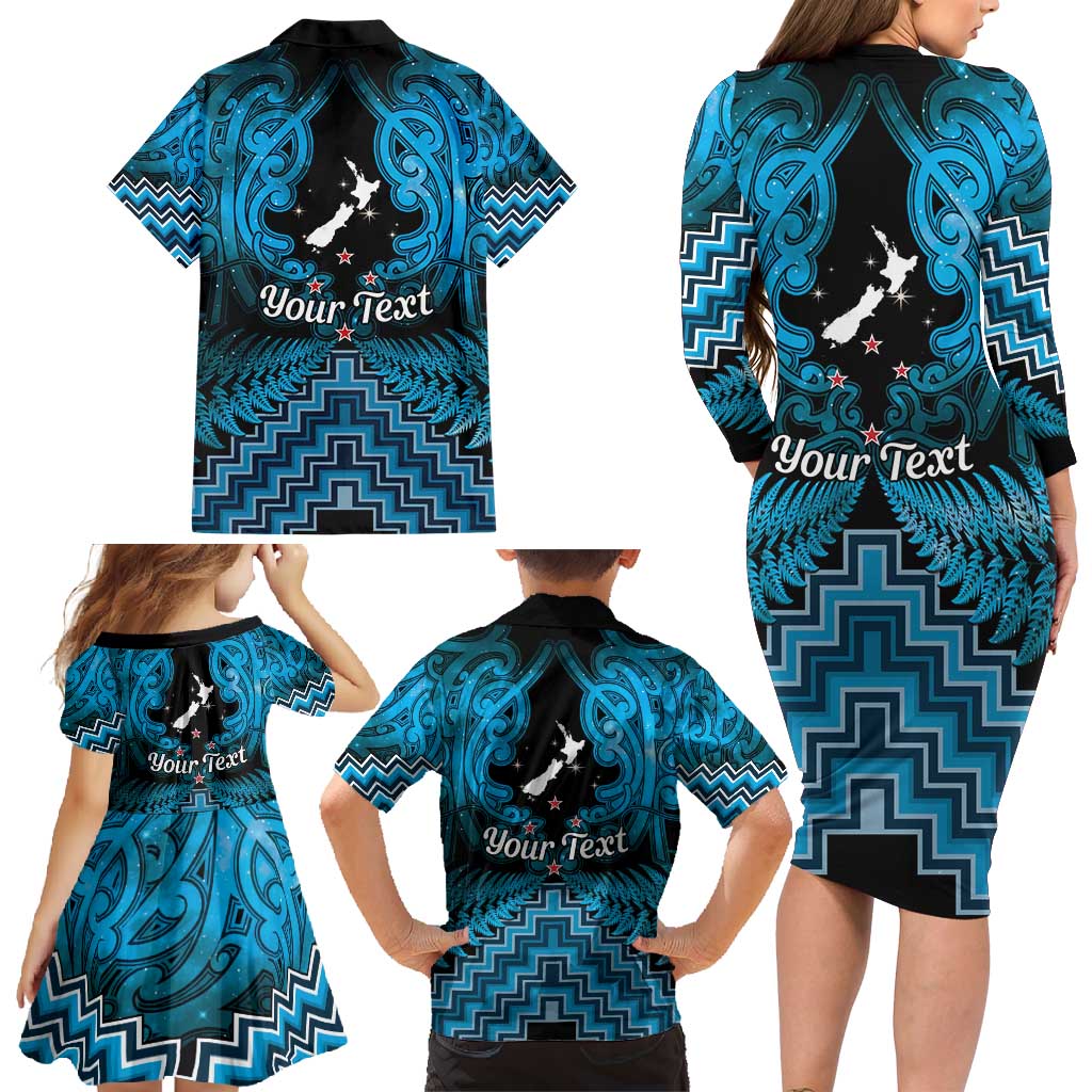 Personalised Aotearoa Matariki Family Matching Long Sleeve Bodycon Dress and Hawaiian Shirt Turquoise Fern Maori Poutama LT01 - Polynesian Pride