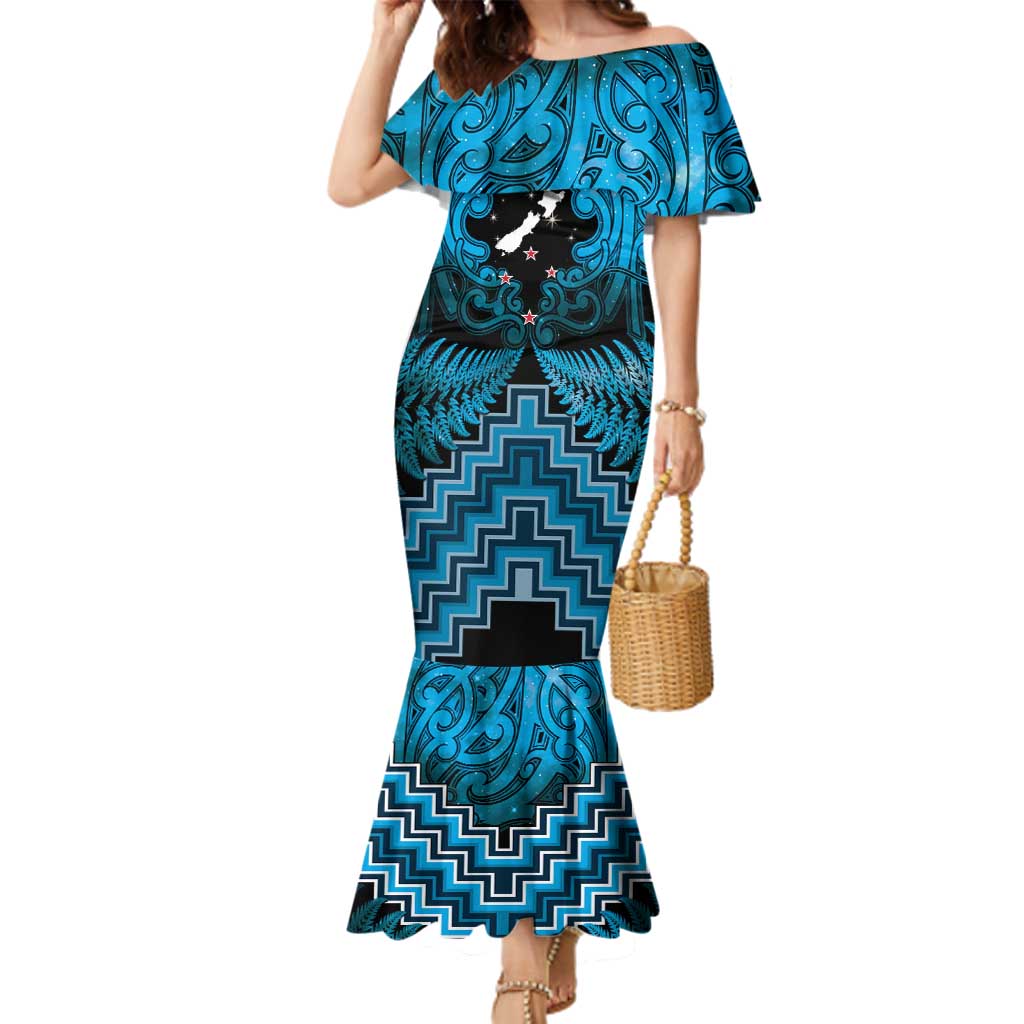 Personalised Aotearoa Matariki Family Matching Mermaid Dress and Hawaiian Shirt Turquoise Fern Maori Poutama LT01 Mom's Dress Turquoise - Polynesian Pride
