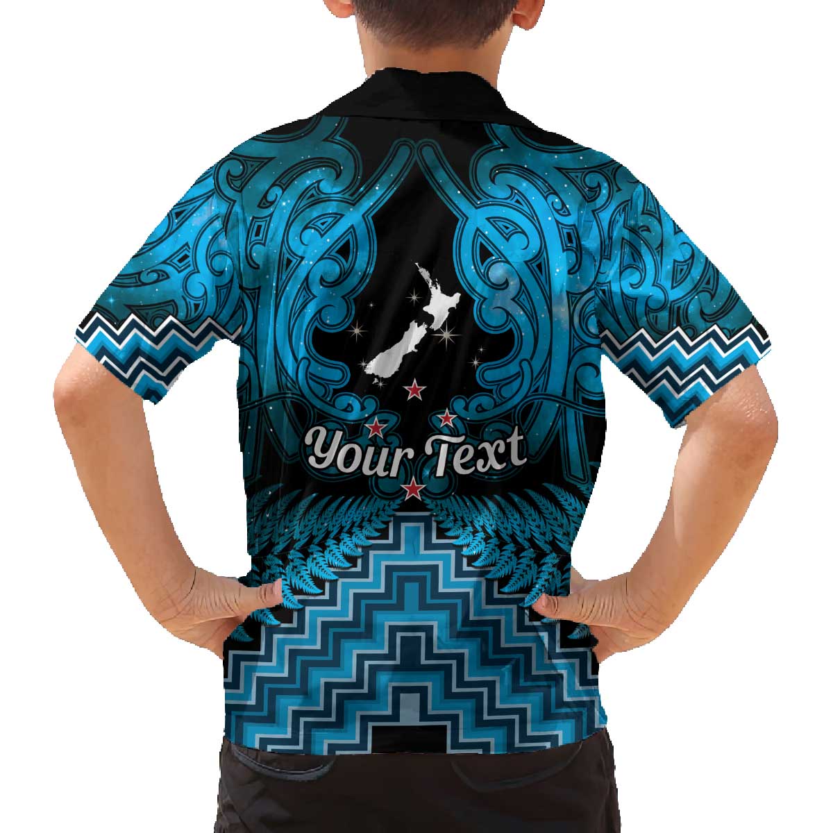 Personalised Aotearoa Matariki Family Matching Off The Shoulder Long Sleeve Dress and Hawaiian Shirt Turquoise Fern Maori Poutama LT01 - Polynesian Pride