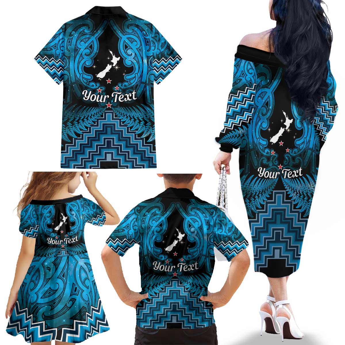 Personalised Aotearoa Matariki Family Matching Off The Shoulder Long Sleeve Dress and Hawaiian Shirt Turquoise Fern Maori Poutama LT01 - Polynesian Pride